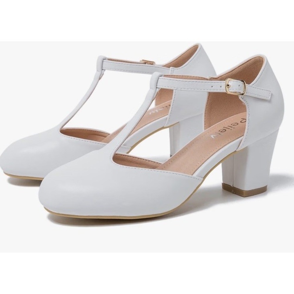 Peijely Womens T Strap Mary Jane Chunky Block Heel Dress Shoes White Sz 10 10.5